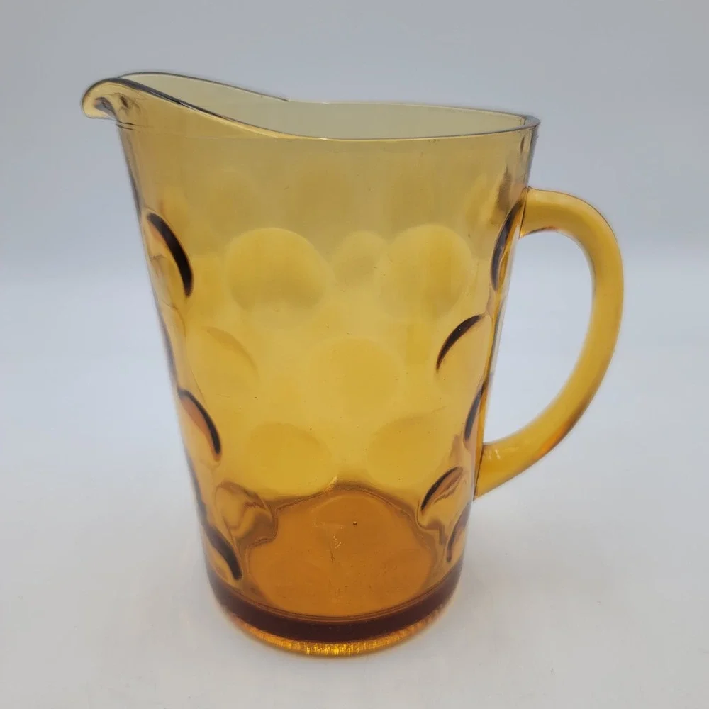 Vintage Amber Glass Thumbprint Pitcher Coin Dot Mid Century Modern 8 Inch